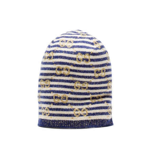 Gucci Knit Beanie in Blue and Ivory with Gold Lamé - Picture 2 of 6